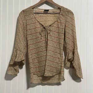 Vintage‎ ANXIETY Sheer Peasant Blouse L Y2K Boho Floral Tie Neck Bell Sleeve